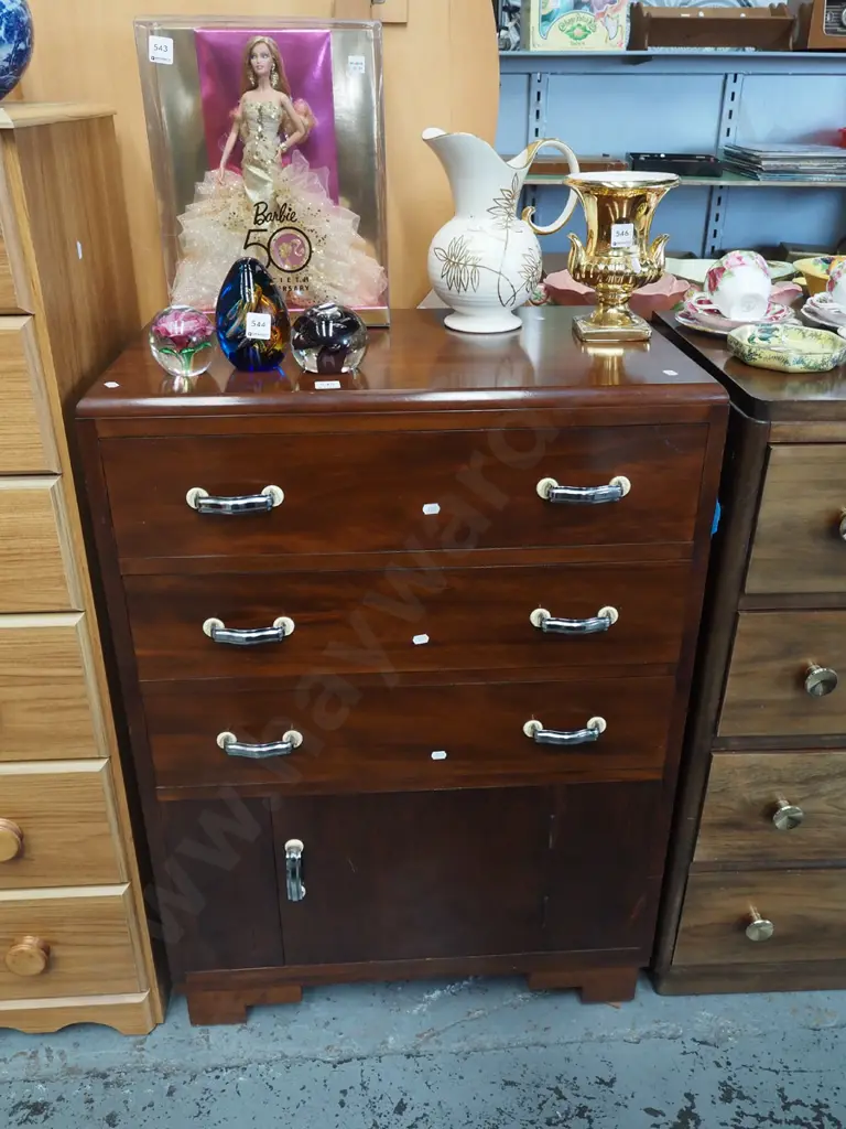 dark stained rimu chest 3 drawers, 1 lower door - H920 W660 D400 Image 1++