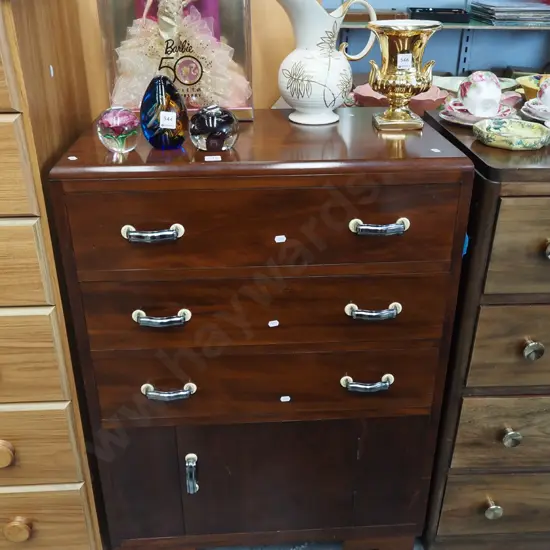 dark stained rimu chest 3 drawers, 1 lower door - H920 W660 D400