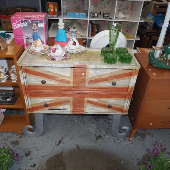 unusual Union Jack hand painted 2 door chest with curved metal legs H765 W790 D310