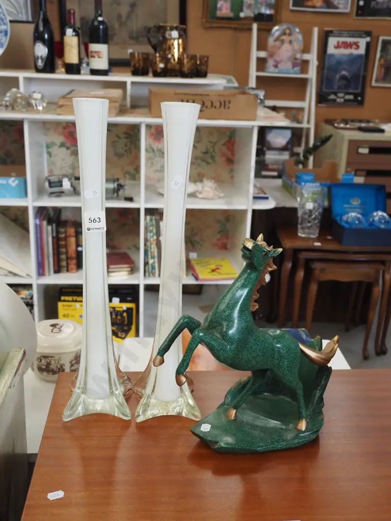 rearing horse figurine and 2 tall glass vases H400 Image 1++