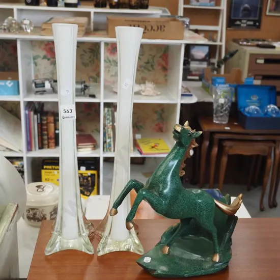 rearing horse figurine and 2 tall glass vases H400