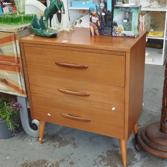 mdf faux wood veneer mid century 3 drawer chest - good condition H720 W625 D350