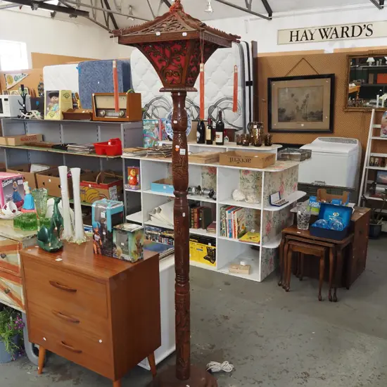 Chinese carved standard lamp - needs rewiring- 1 tassel damaged H1870 