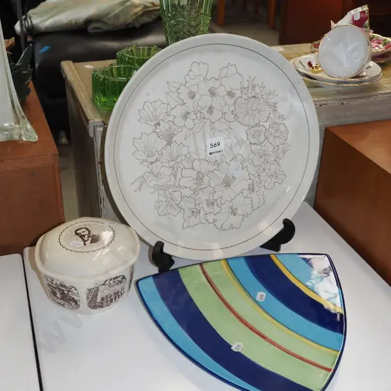 Crown Lynn Forma fillagree ashet, Temuka plate, Cermaco lidded canister