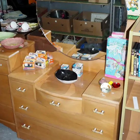 solid rimu 5 drawer mirror back dresser - some silvering H1590 W960 D430