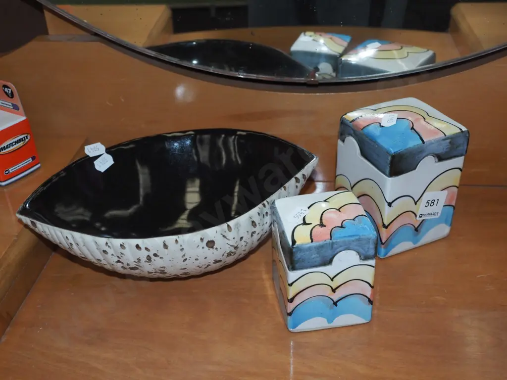 2x hand painted lidded canisters, pottery bowl Image 1++