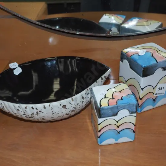 2x hand painted lidded canisters, pottery bowl