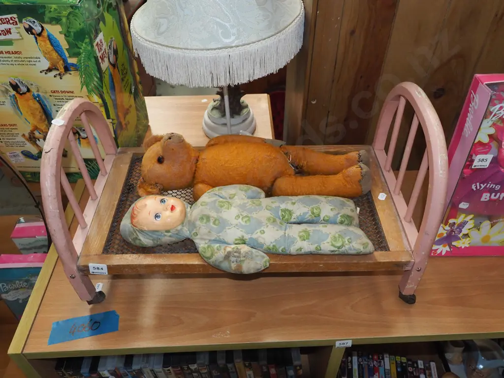 vintage dolls bed, doll and bear Image 1++