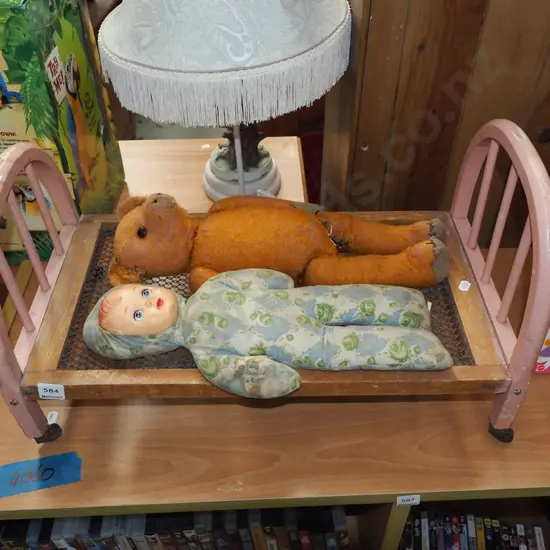 vintage dolls bed, doll and bear