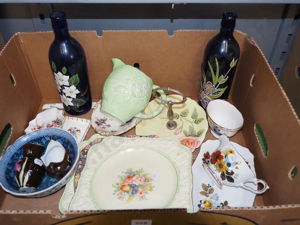 box; blue glass bottles, plates, creamer etc Image 1++