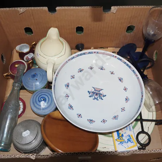 box; bowls, glasses, salt and pepper etc