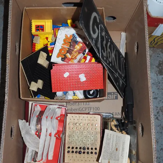 box; Lego, Torro blocks, cutlery, number plates etc