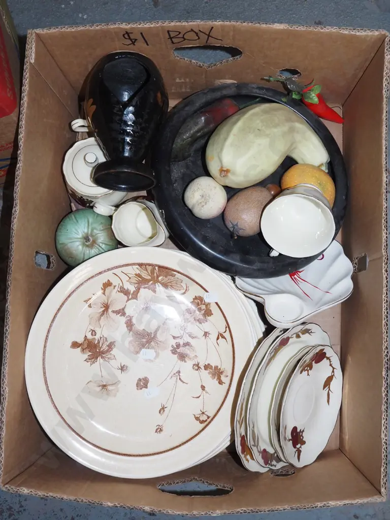box; Crown Lynn plates, faux fruit, float bowl etc Image 1++