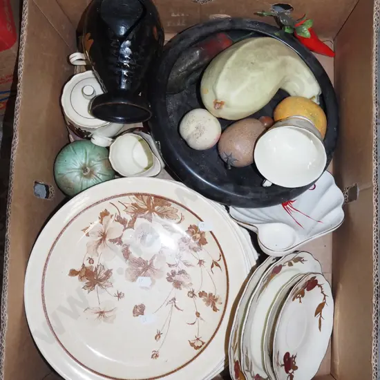 box; Crown Lynn plates, faux fruit, float bowl etc