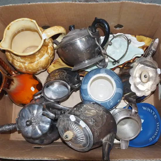 box; plated ware, leaf dishes, Temuka jug etc