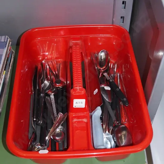 red plastic tray and cutlery