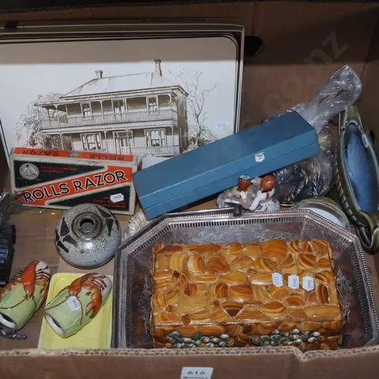 box; Rolls razor, placemats, shell covered box, etc.