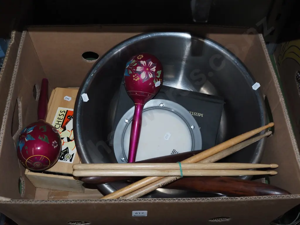 box; stainless bowl, drum sticks, maracas etc Image 1++