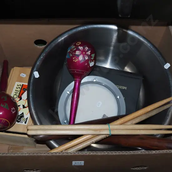 box; stainless bowl, drum sticks, maracas etc