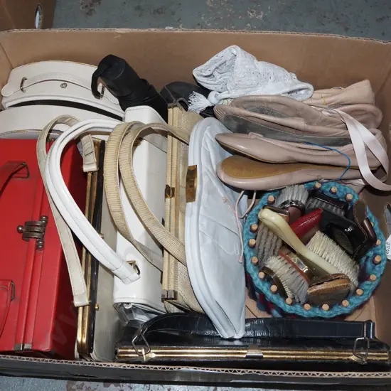 box; hand bags, ballet shoes, clothes brushes etc