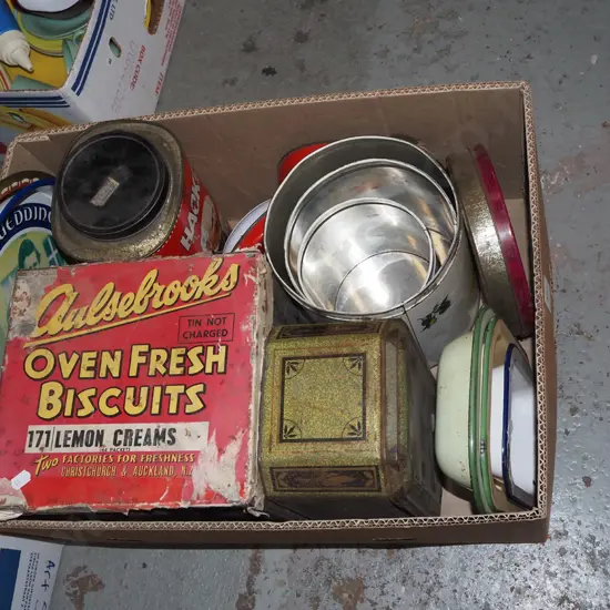 box; vintage tins, enamel baking dishes etc