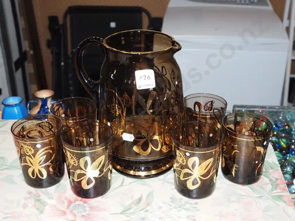 smoked glass and gold decorated water set Image 1++