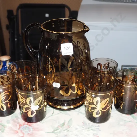 smoked glass and gold decorated water set