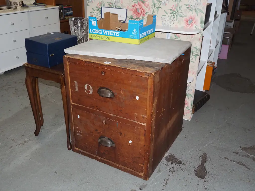rustic 2 drawer chest with separate broken marble top H580 W470 D530 Image 1++