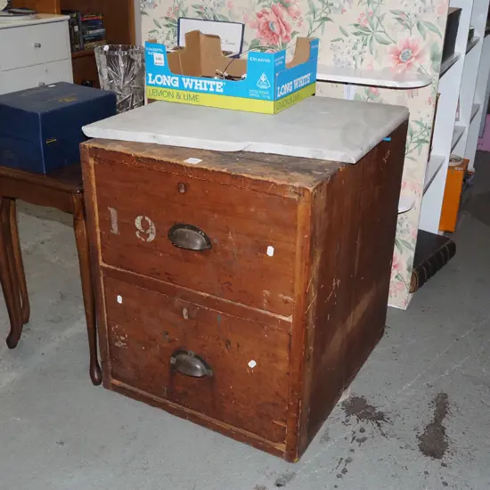 rustic 2 drawer chest with separate broken marble top H580 W470 D530