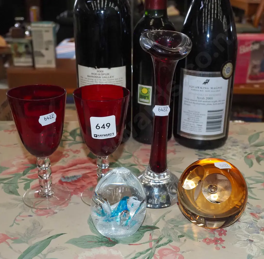ruby glass vase, stemmed glasses, glass paperweights Image 1++