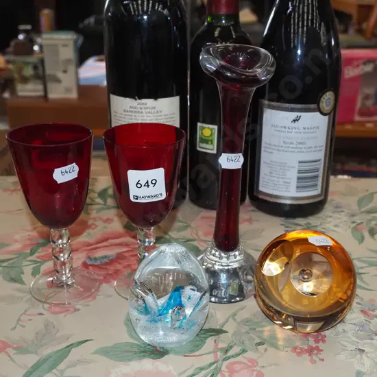 ruby glass vase, stemmed glasses, glass paperweights