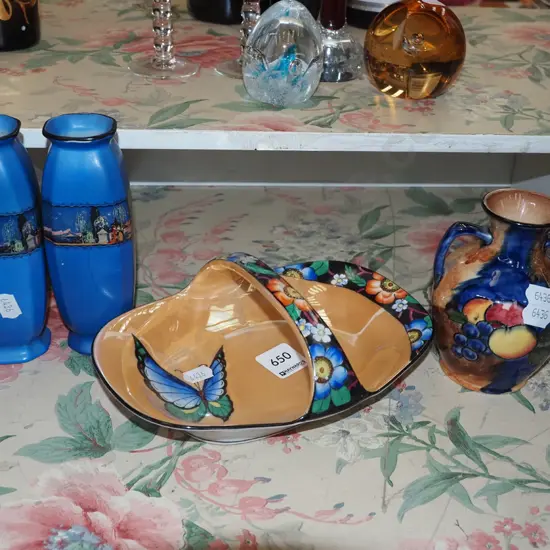 butterfly basket dish, 3x Tunstall vases