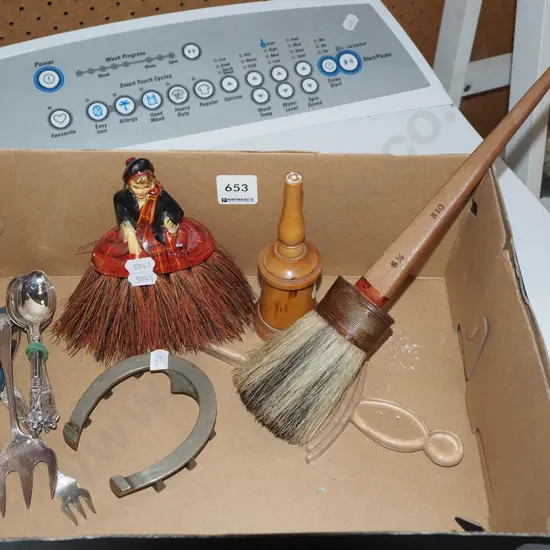 box; crumb brushes, cutlery, trivet etc