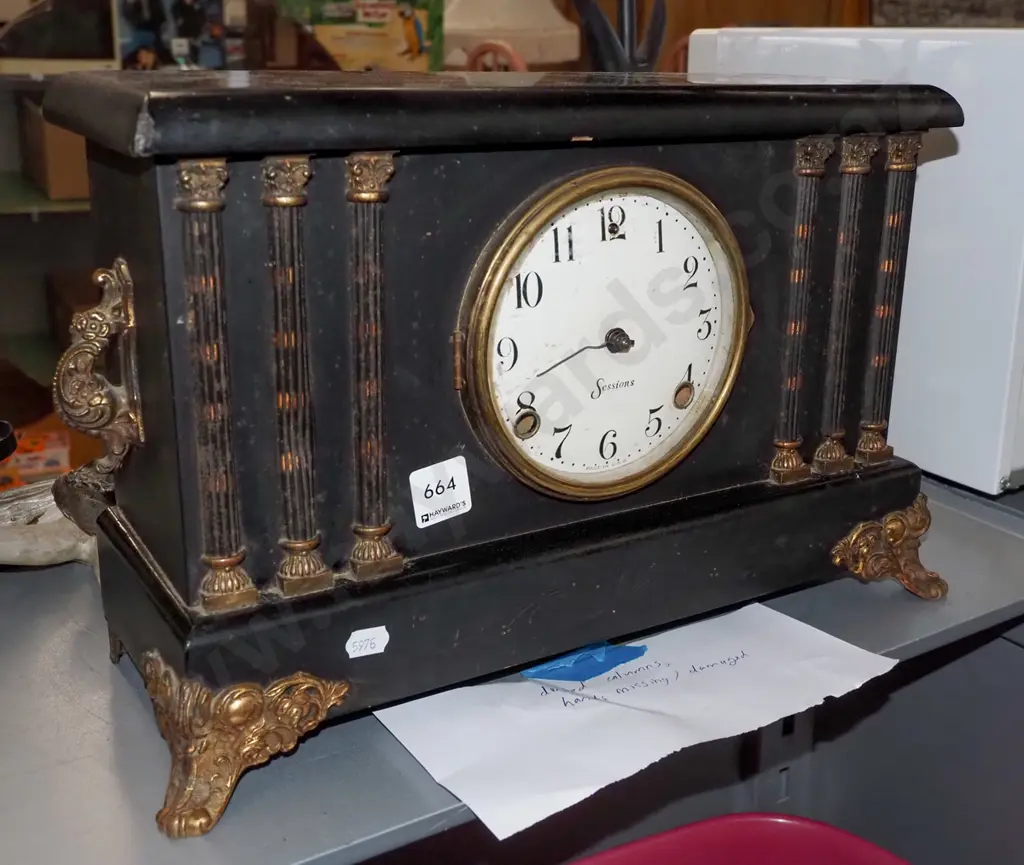 wood classical style Sessions mantle clock - dents to columns, missing hands, other damage Image 1++