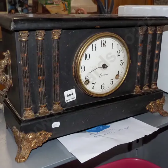 wood classical style Sessions mantle clock - dents to columns, missing hands, other damage