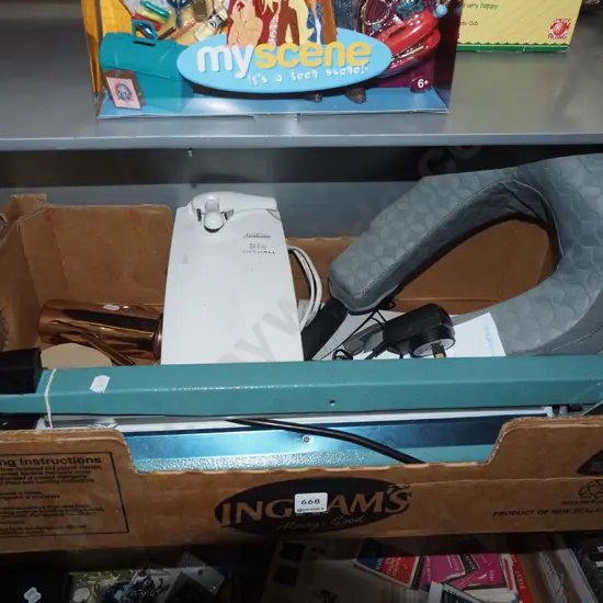 electronic neck and shoulder massager, electric can opener, commercial food bag sealer