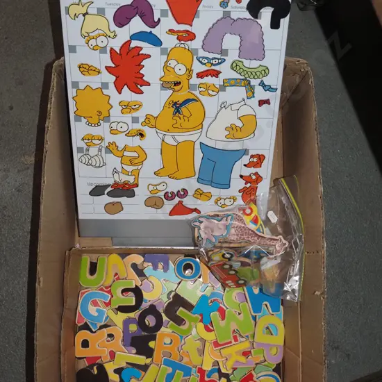 box; Simpsons magnetic characters, alphabet and animal magnets, small magnetic white board