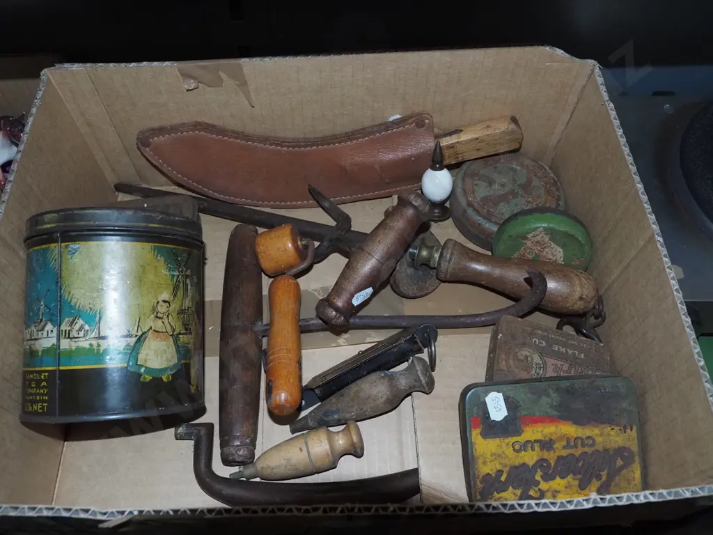 box; vintage items, knife, steel, tins etc Image 1++