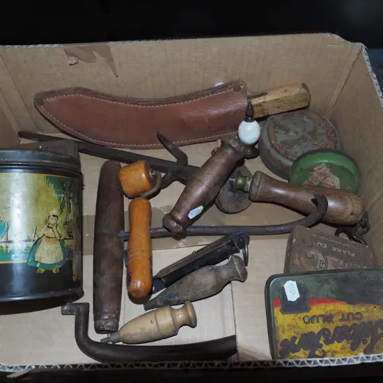 box; vintage items, knife, steel, tins etc