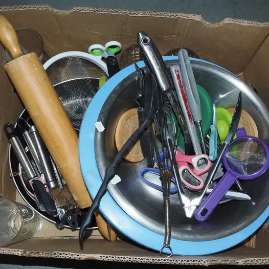 box; mixing bowls, kitchen utensils etc