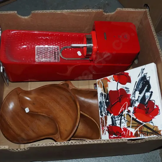 wooden serving bowls, small oil on canvas, red Soda Stream