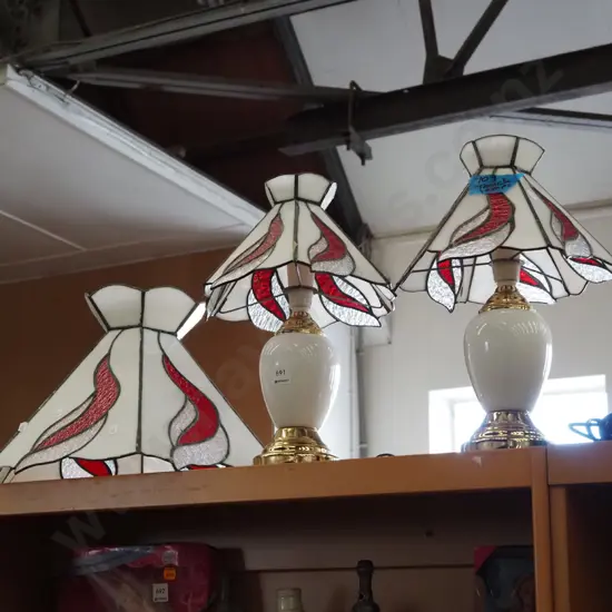 2x leadlight touch table lamps, matching leadlight shade