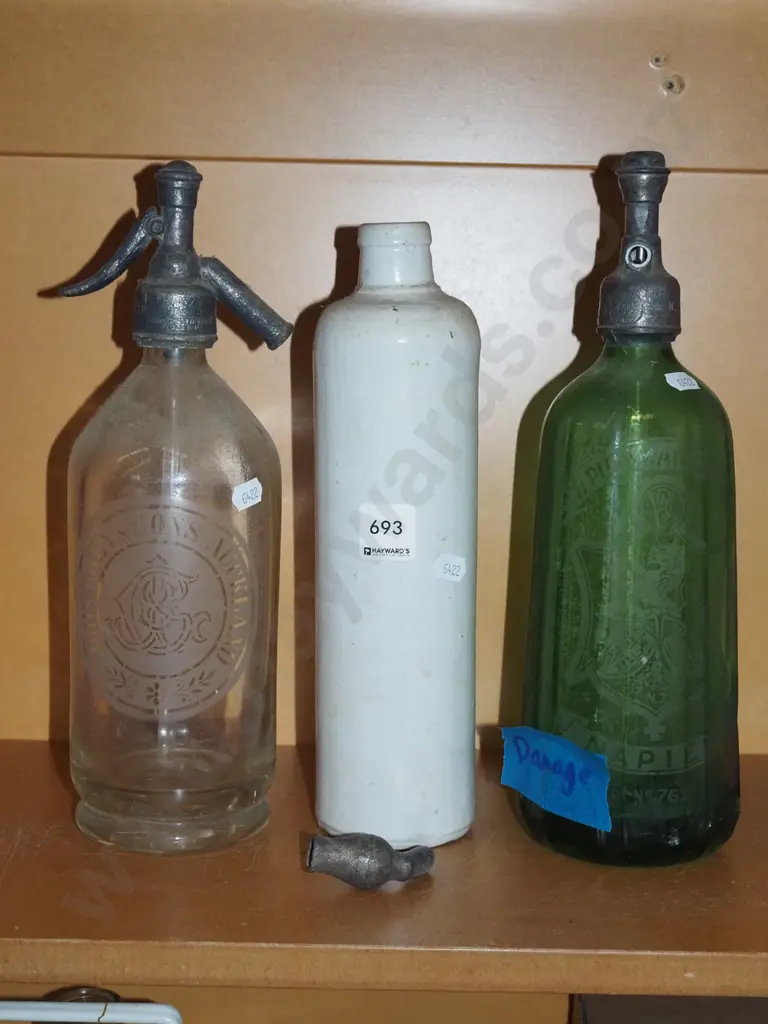 2x soda syphons - John Grey & Sons Auckland, W Plowman  & Sons, gin bottle Image 1++