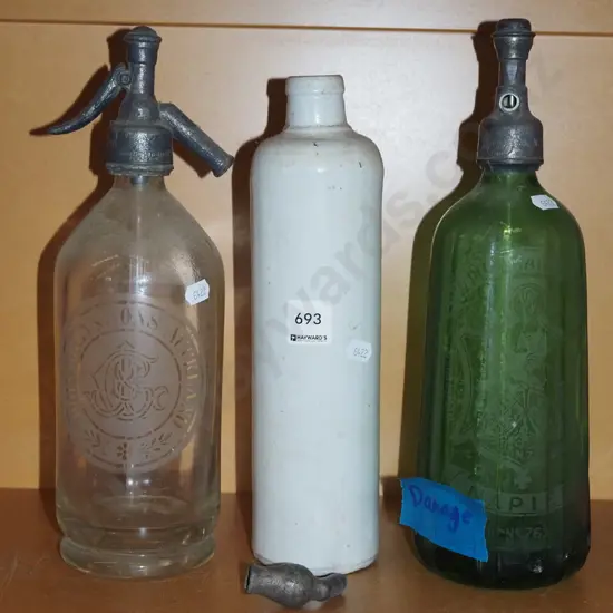 2x soda syphons - John Grey & Sons Auckland, W Plowman  & Sons, gin bottle