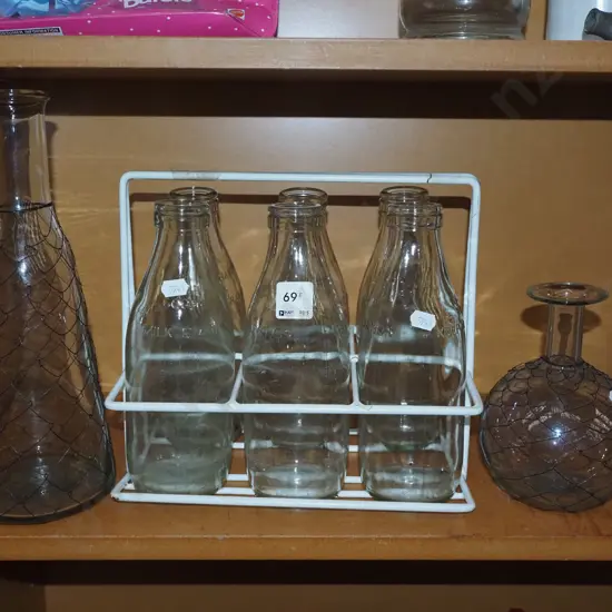 milk bottles and crate, 2x other bottles