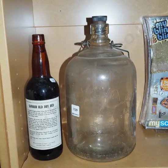 bottle of red wine, vintage Alva mineral water flagon