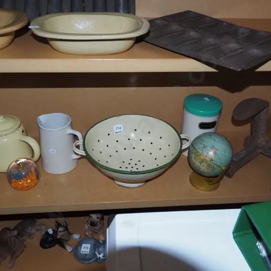 shelf; jugs, colanders, shoe form etc