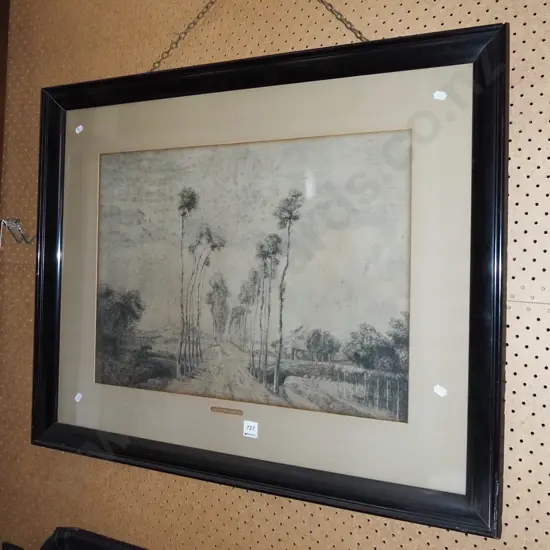 large framed etching - country lane - foxing