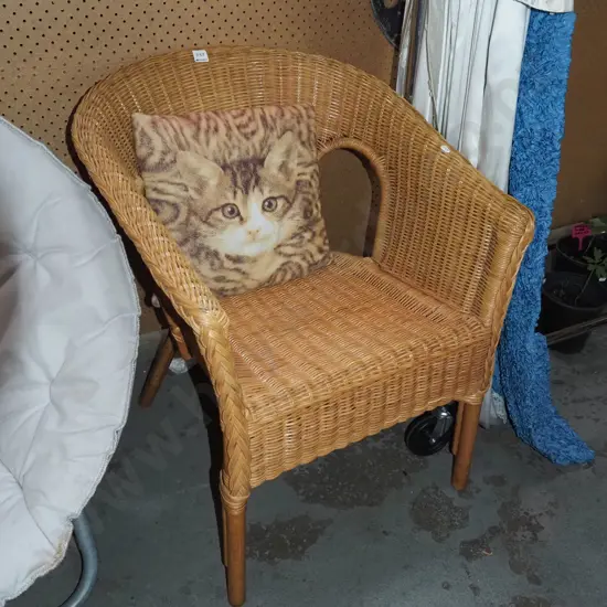 cane armchair, cat themed cushion