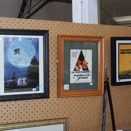 3x framed movie poster prints - ET, Clockwork Orange, Easy Rider - blue dots